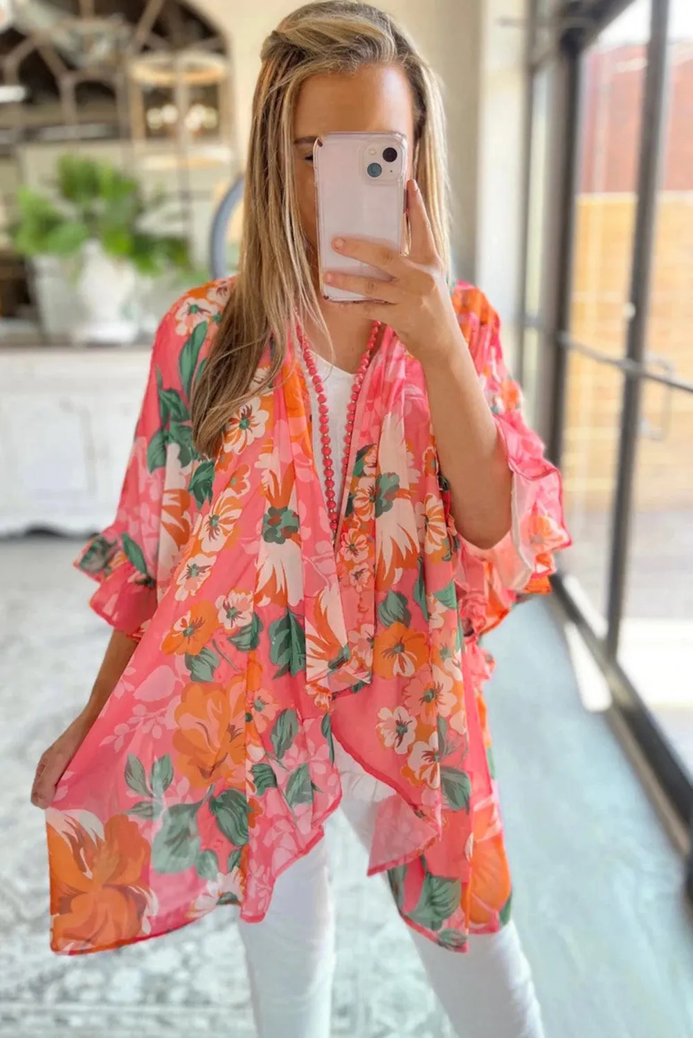 Floral Print Ruffled 3/4 Sleeve Loose Fit Kimono