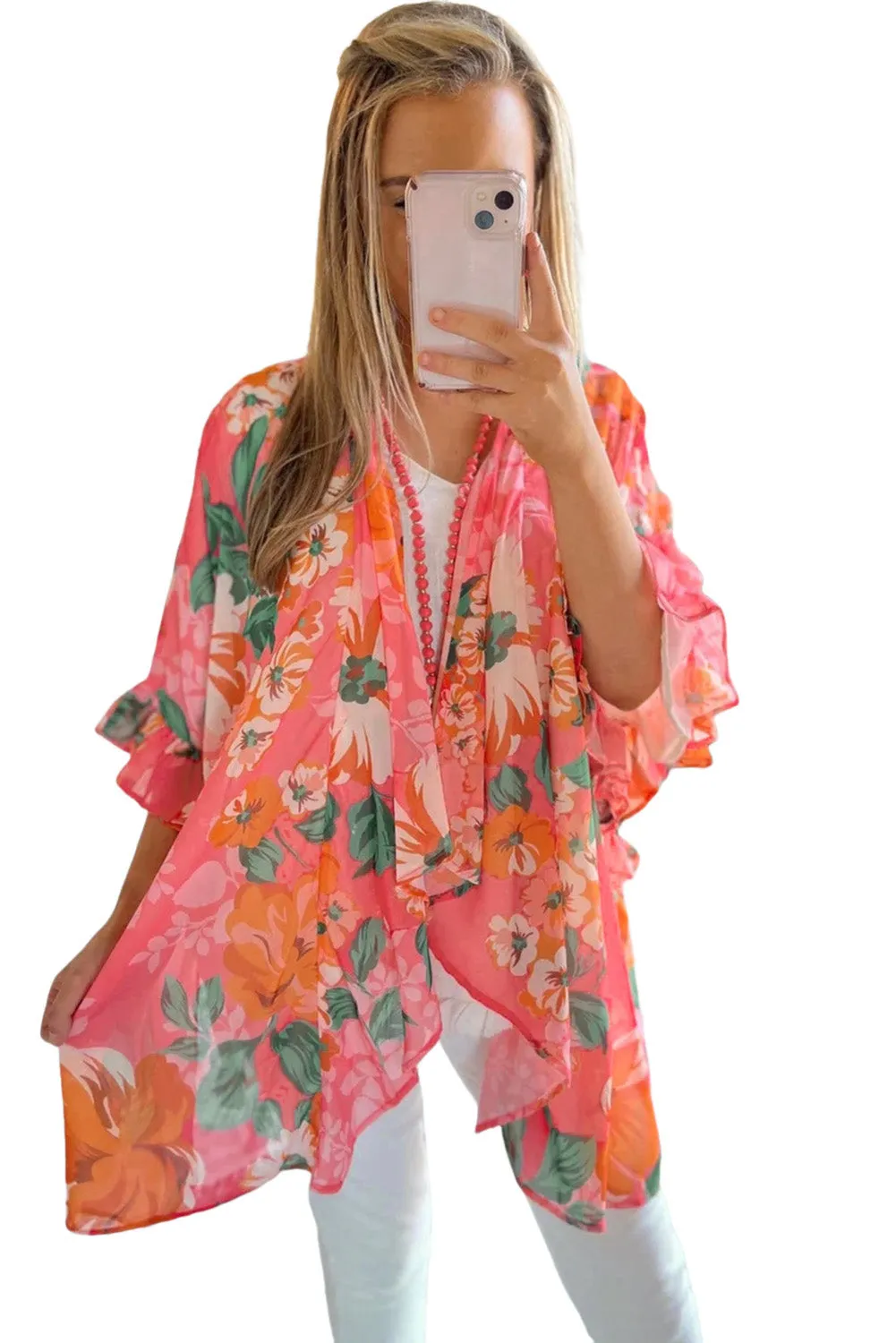 Floral Print Ruffled 3/4 Sleeve Loose Fit Kimono