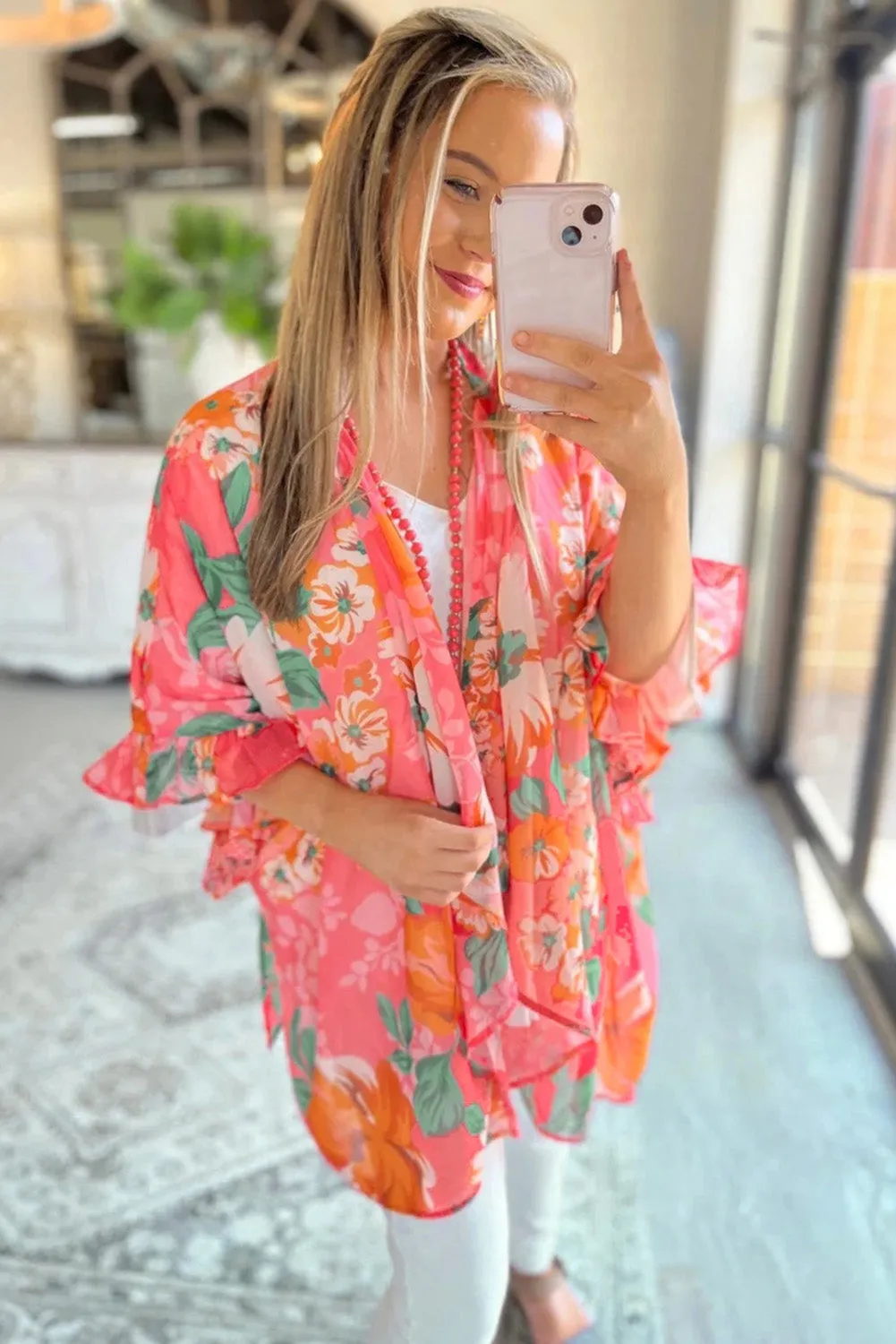 Floral Print Ruffled 3/4 Sleeve Loose Fit Kimono
