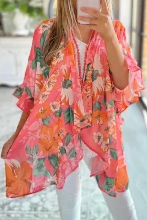 Floral Print Ruffled 3/4 Sleeve Loose Fit Kimono