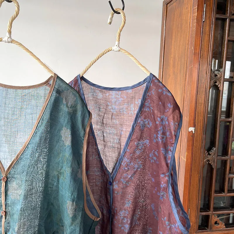 Floral Ramie V-Neck Vest