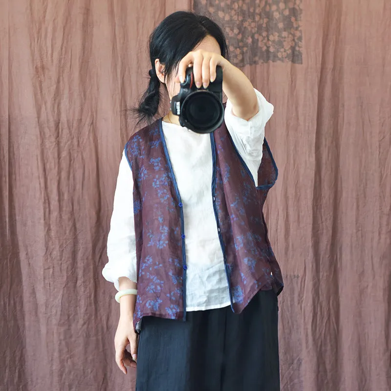 Floral Ramie V-Neck Vest