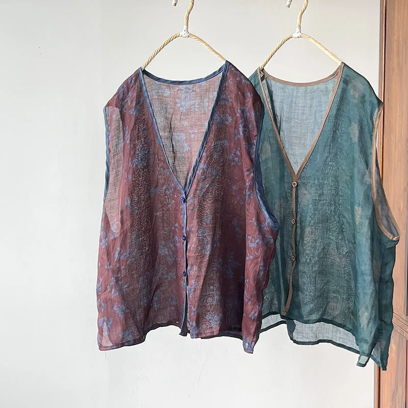 Floral Ramie V-Neck Vest