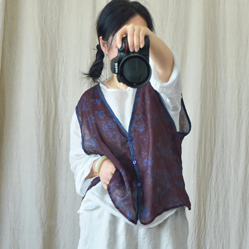 Floral Ramie V-Neck Vest