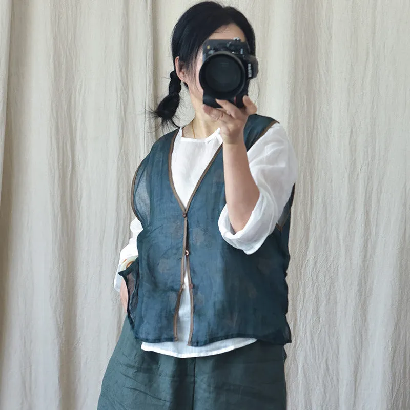 Floral Ramie V-Neck Vest