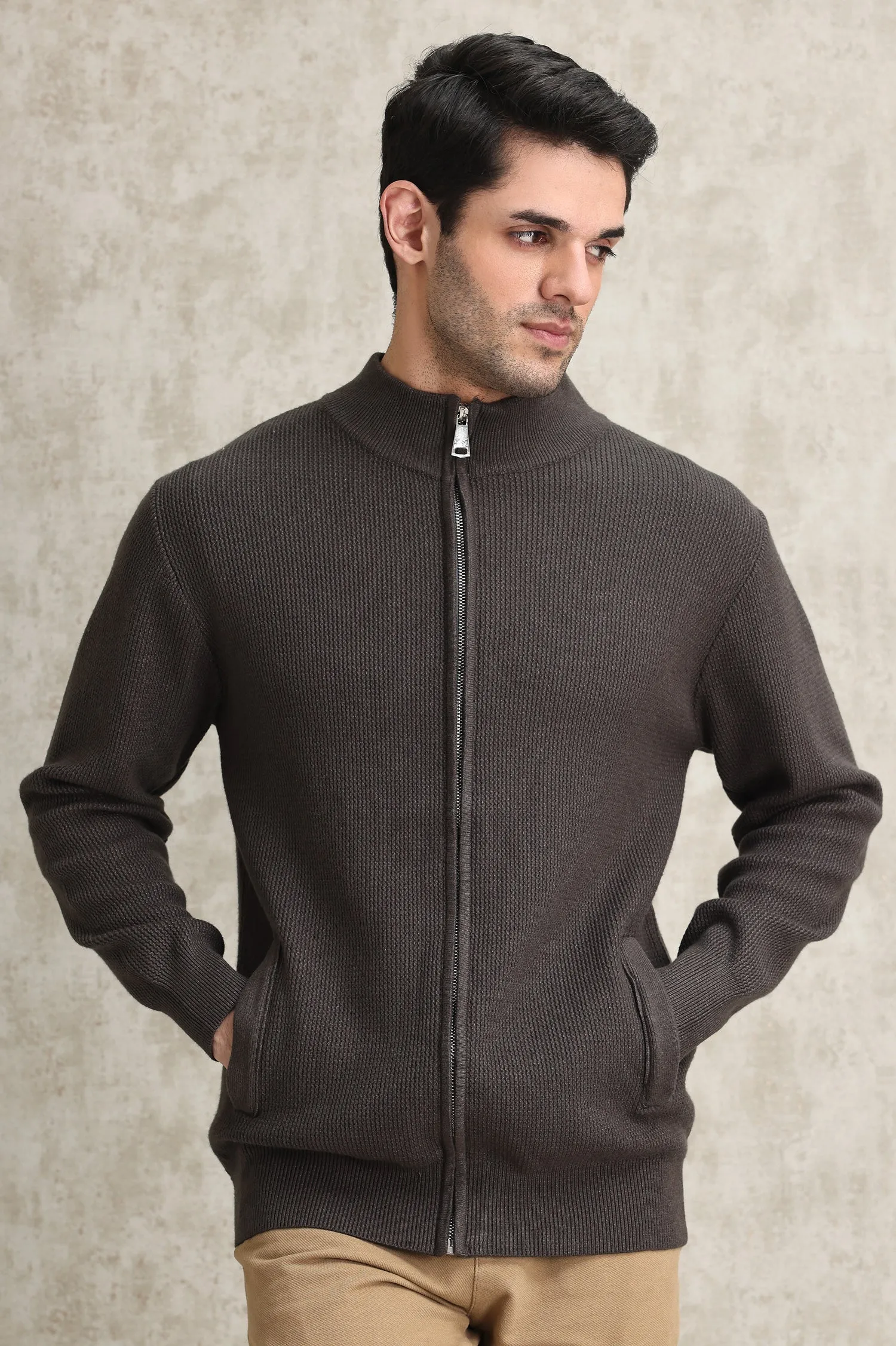 FULL-ZIP MOCK NECK SWEATER-COFFEE