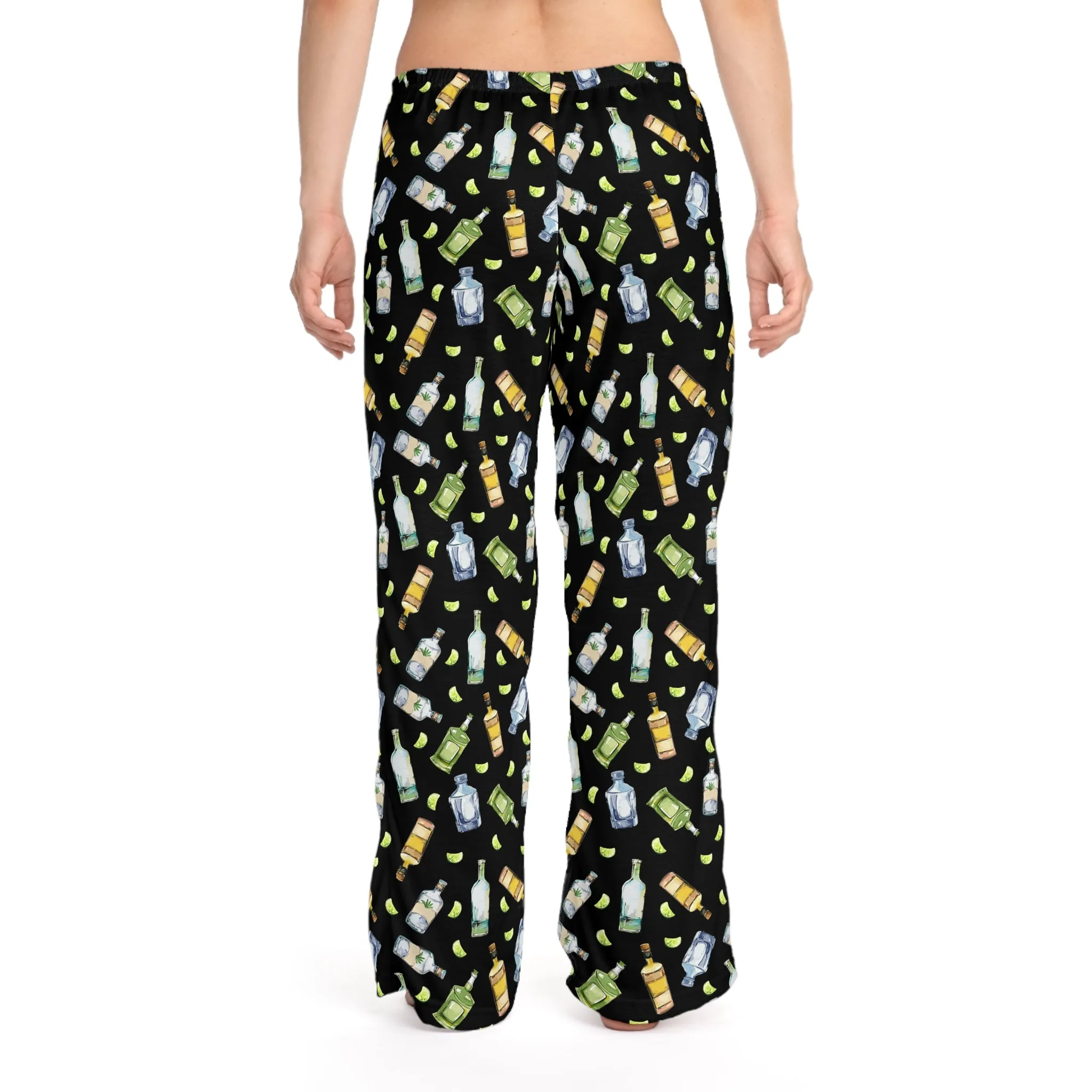 Funny Pajamas for Women - Festive Partying Drinking Tequila Bottle Pattern (Black)