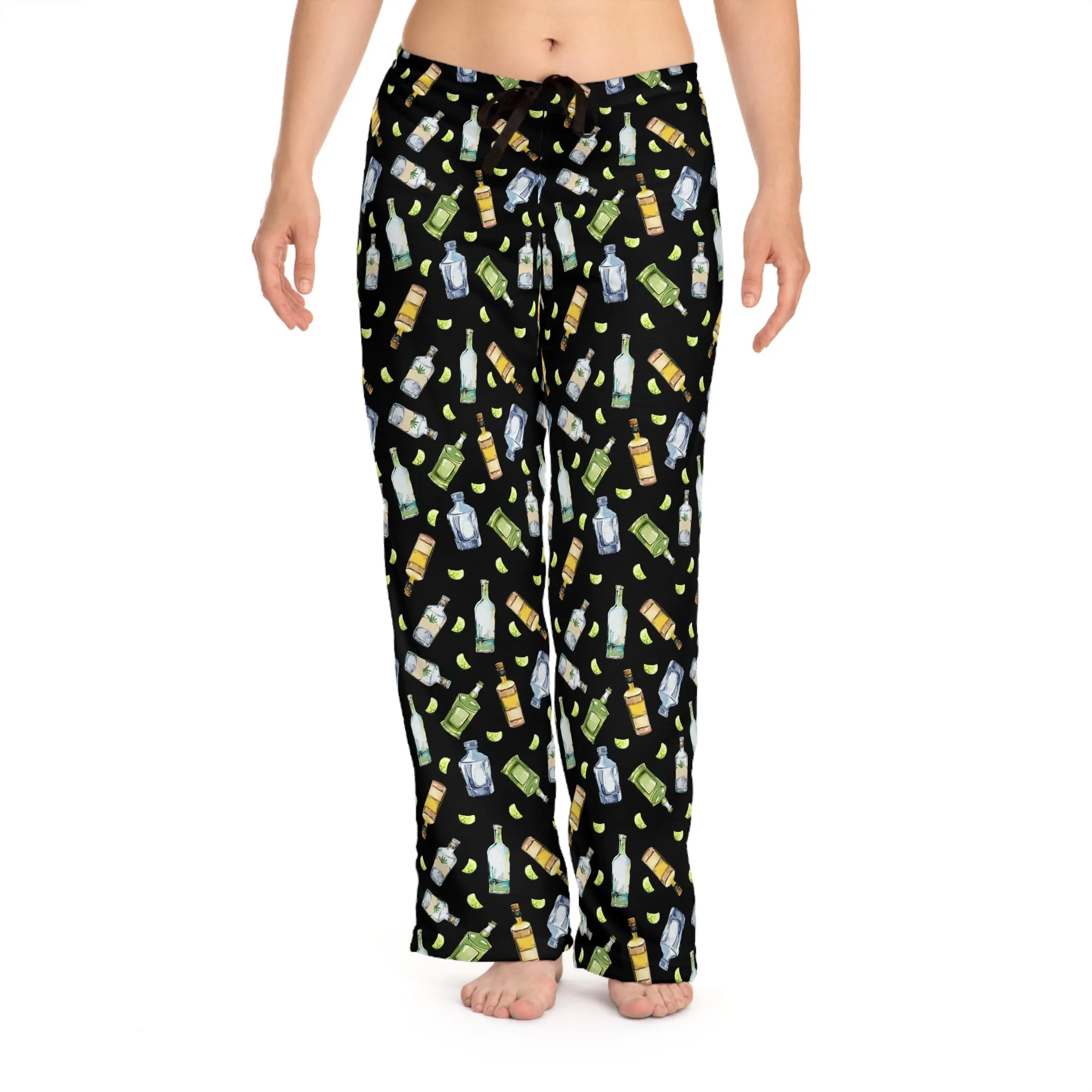 Funny Pajamas for Women - Festive Partying Drinking Tequila Bottle Pattern (Black)