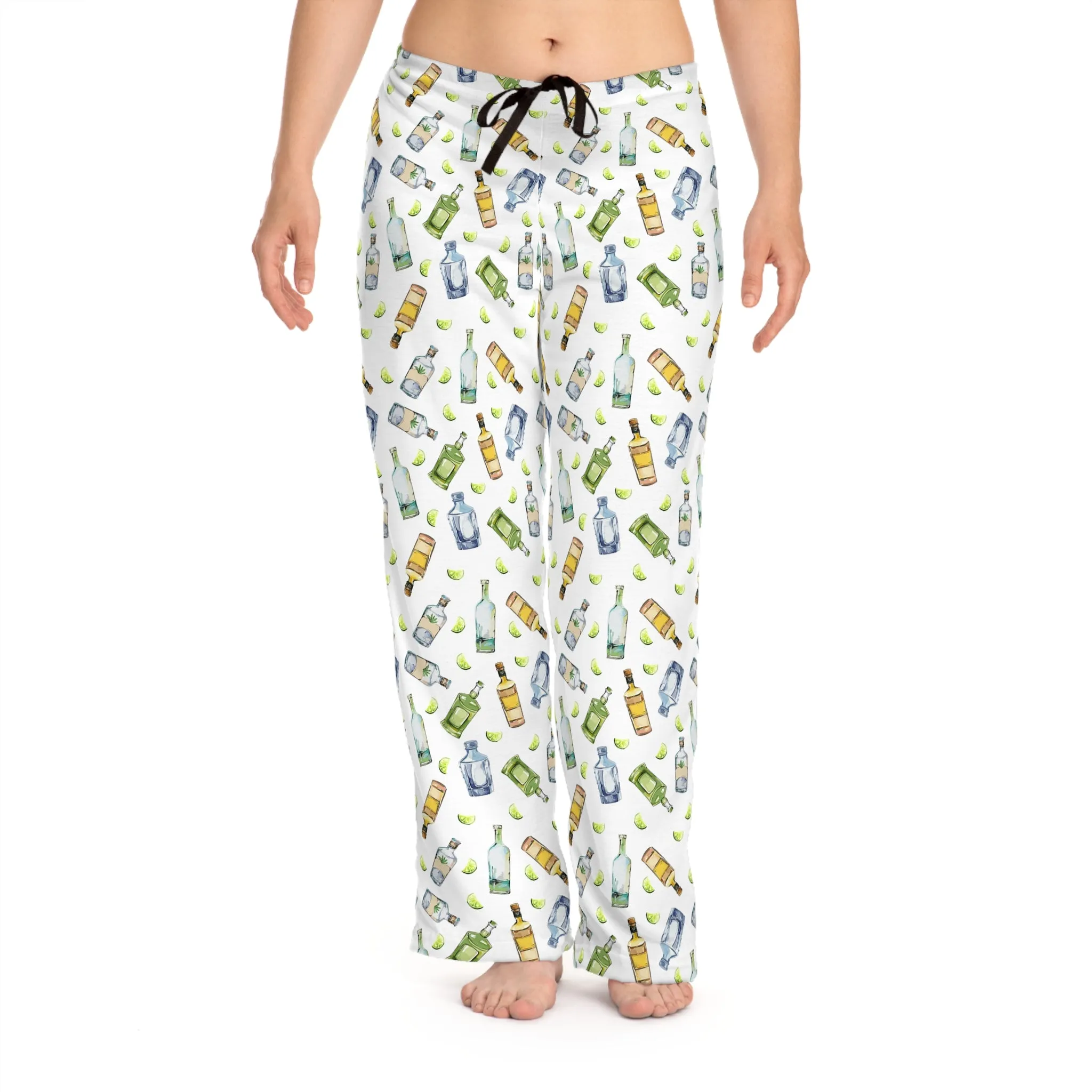 Funny Pajamas for Women - Festive Partying Drinking Tequila Bottle Pattern (White)