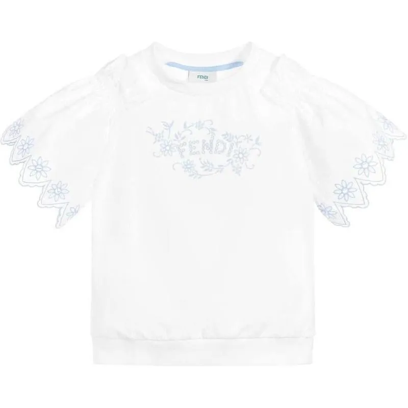 Girls White Cotton Top with Pale Blue
