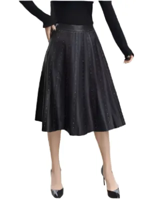 Glistening Rivet Pleated Midi Skirt