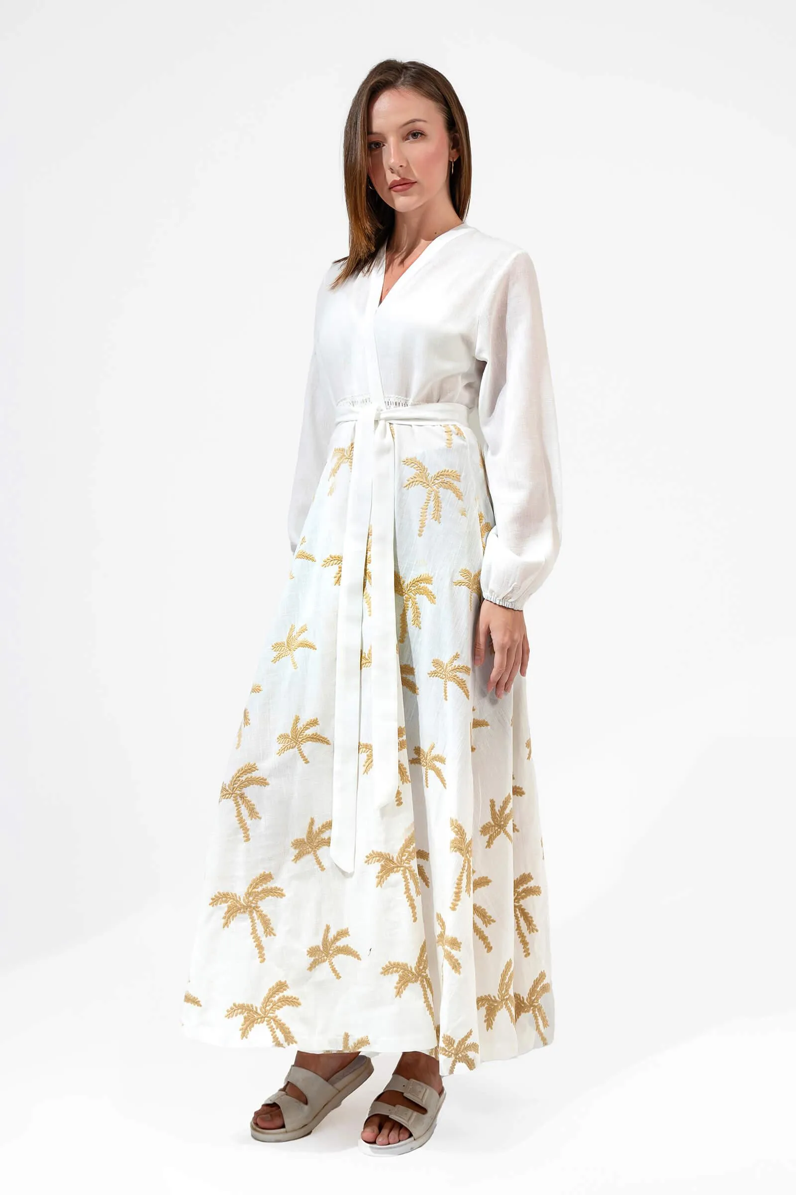 Golden Palm Embroidered Linen Kimono