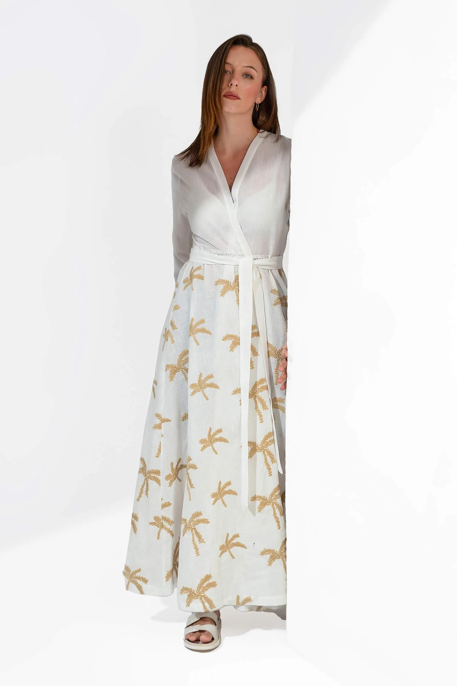 Golden Palm Embroidered Linen Kimono