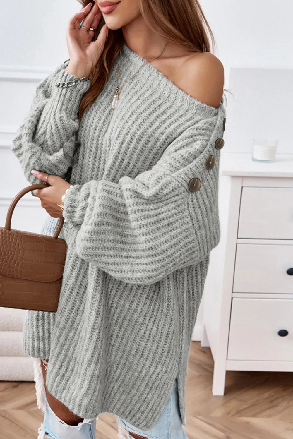 Gray Buttoned Drop Shoulder Oversized Sweater