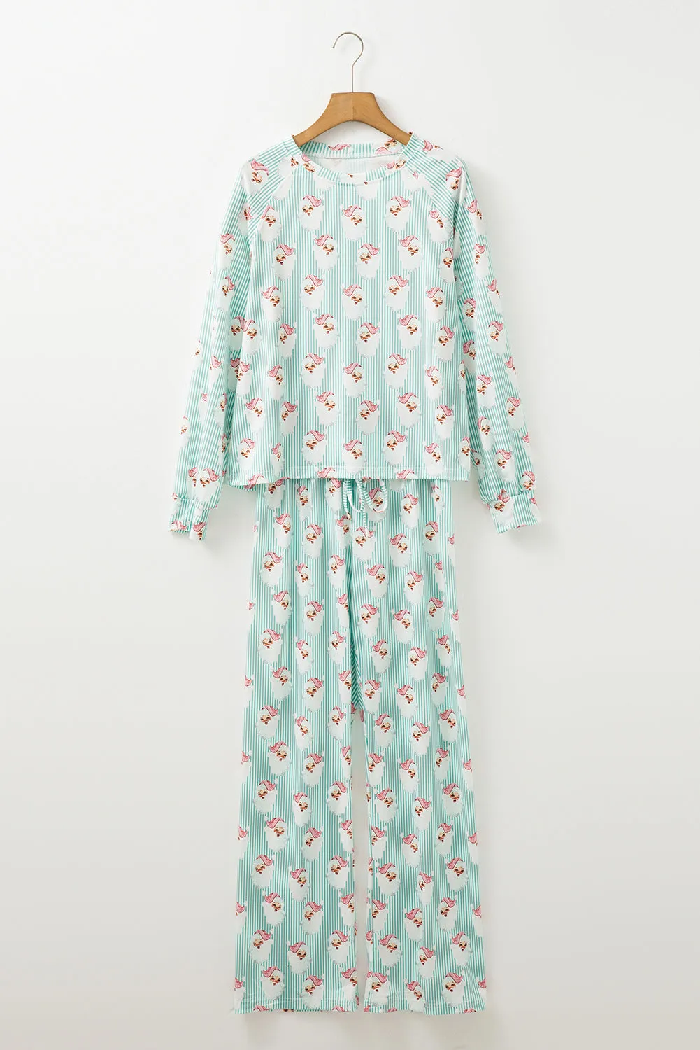 Green Santa Claus Striped Print Loose Fit Two Piece Lounge Set