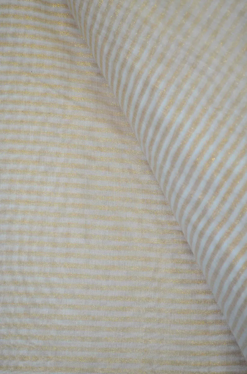 Handloom Pure Silk Chanderi Tissue Golden Zari Based Striped Fabric