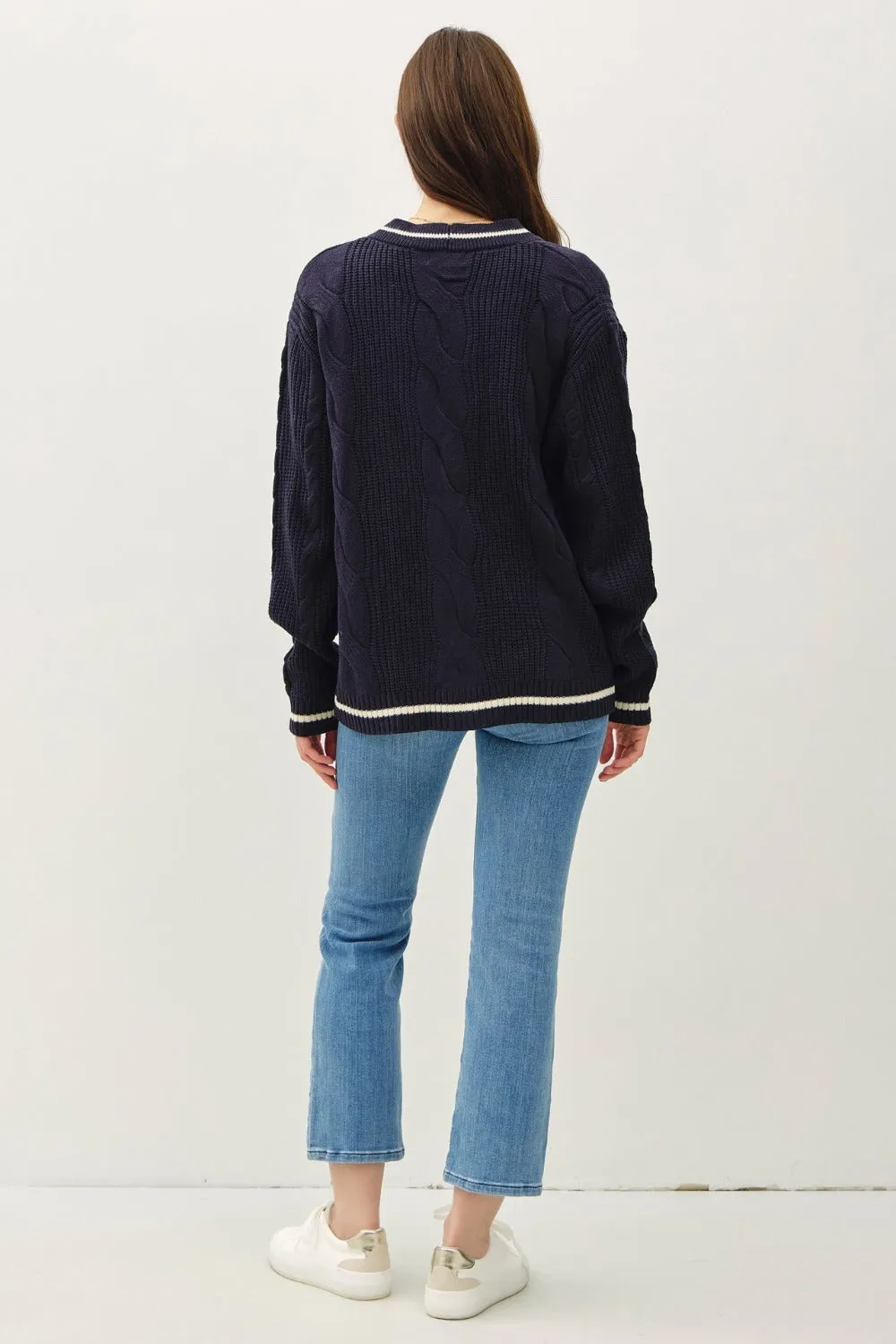 Hazel Blues® |  Be Cool Contrast Trim Cable-Knit V-Neck Cardigan