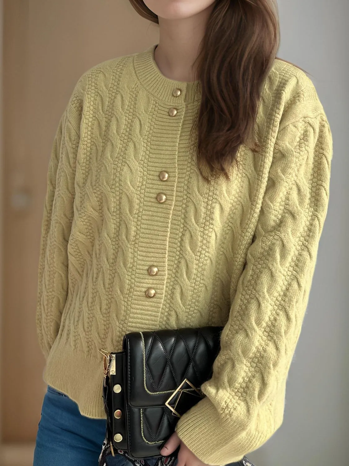 Hazel Blues® |  Cable-Knit Round Neck Long Sleeve Cardigan