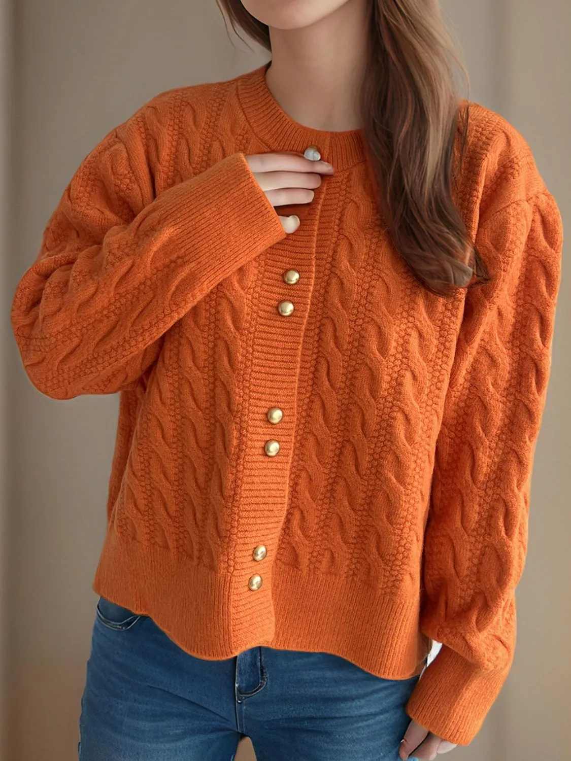Hazel Blues® |  Cable-Knit Round Neck Long Sleeve Cardigan
