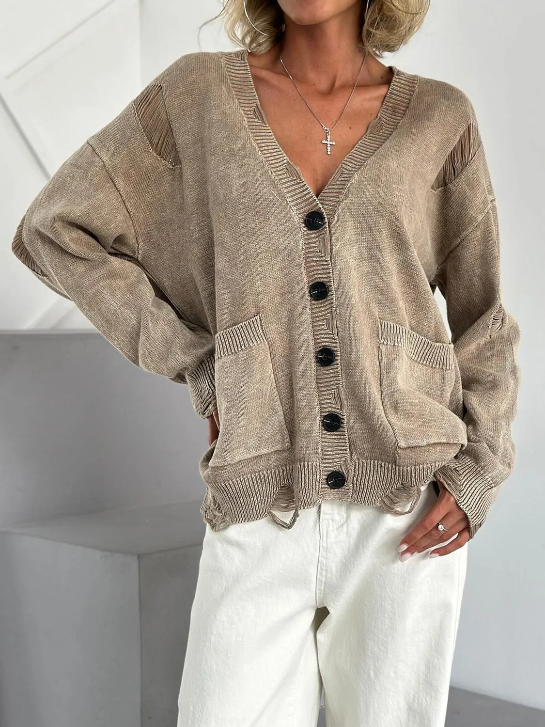 Hazel Blues® |  Distressed Button Down Long Sleeve Cardigan