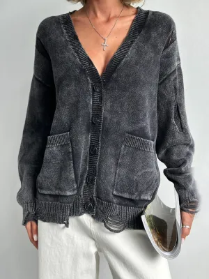 Hazel Blues® |  Distressed Button Down Long Sleeve Cardigan