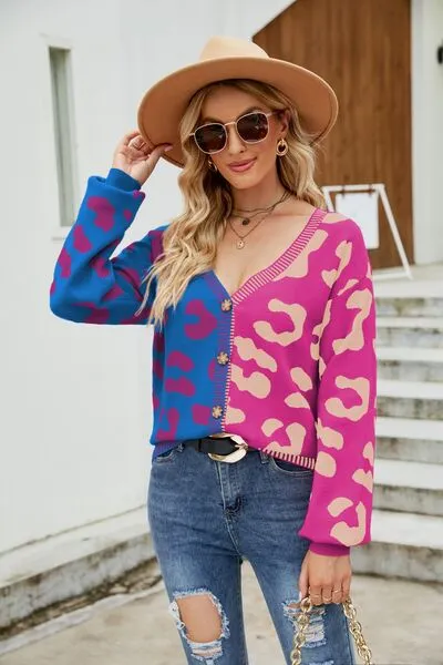 Hazel Blues® |  Leopard Button Up Dropped Shoulder Cardigan