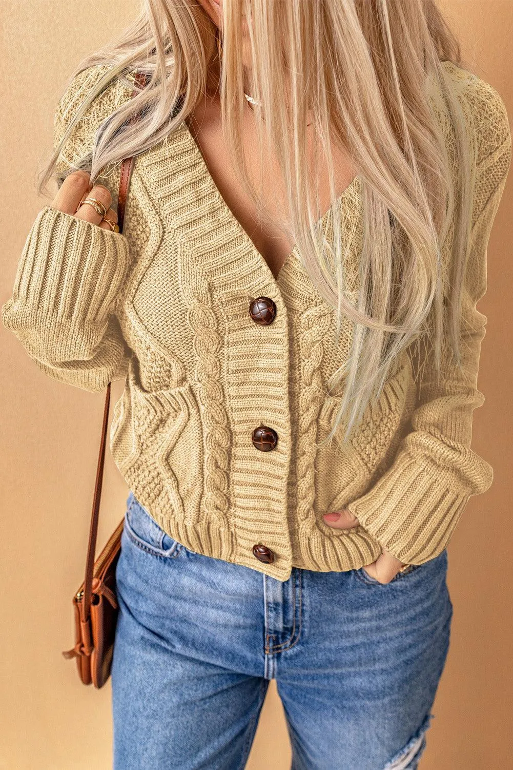 Hazel Blues® | Mixed Knit Button Down Cardigan with Pockets