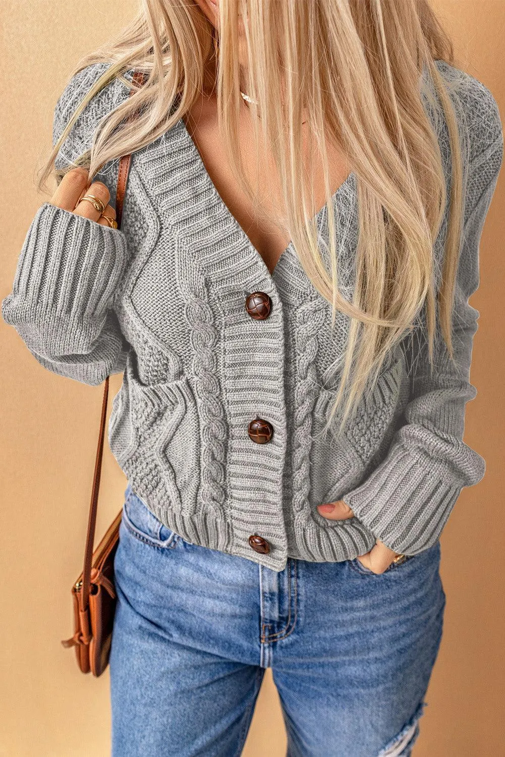 Hazel Blues® | Mixed Knit Button Down Cardigan with Pockets