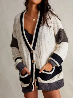 Hazel Blues® |  Pocketed Contrast V-Neck Long Sleeve Cardigan