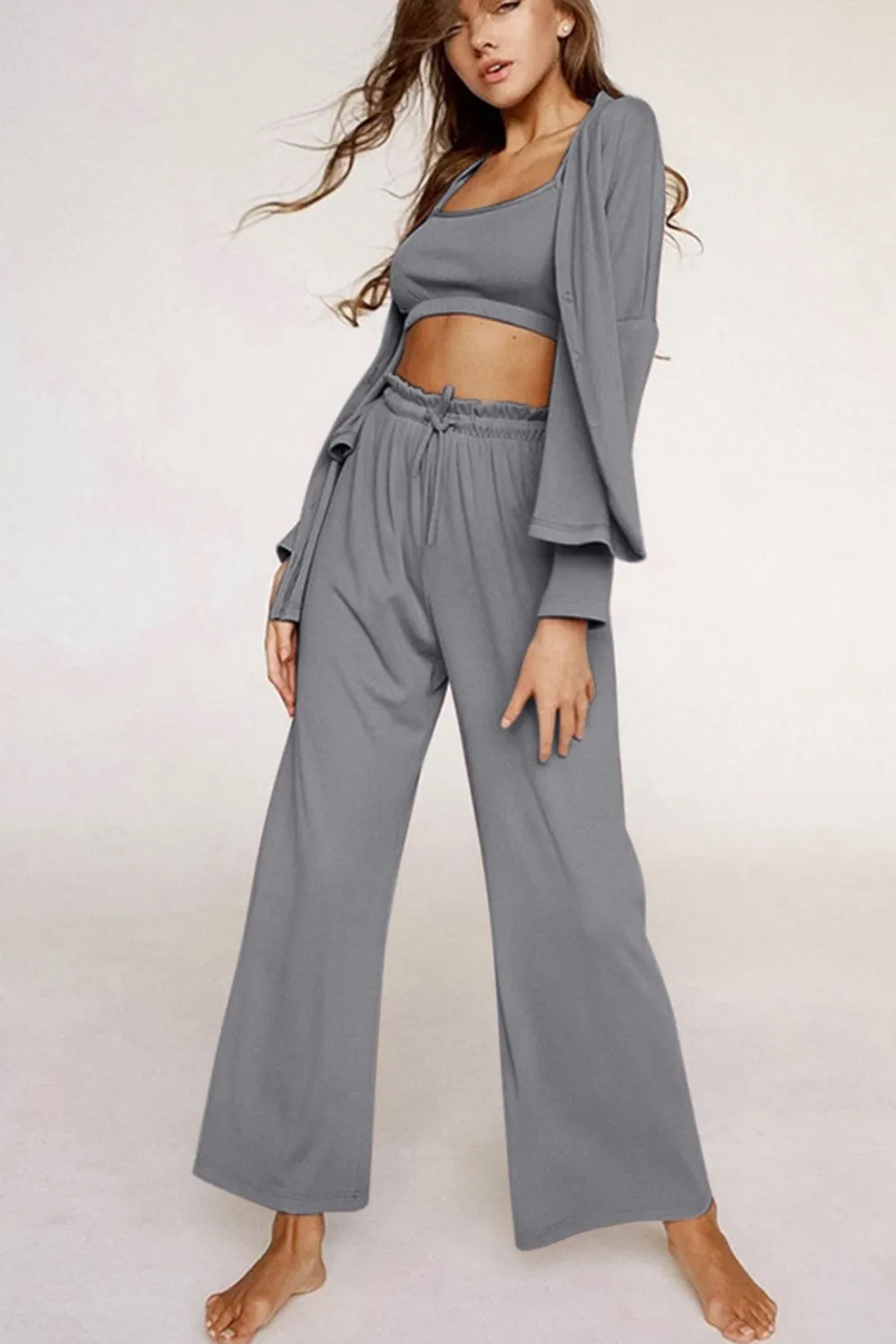 Hazel Blues® |  Spaghetti Strap Bra, Open Front Cardigan and Drawstring Pants Set