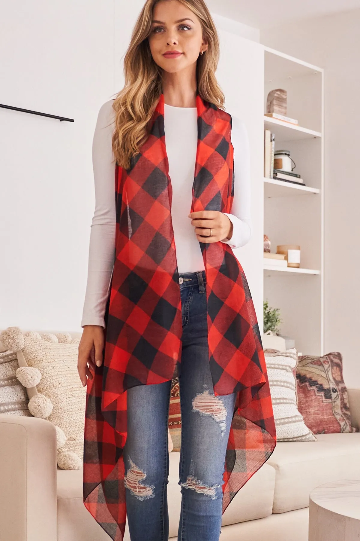 HDF2567 - PLAID KNEE LENGTH KIMONO CARDIGAN