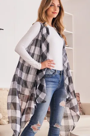 HDF2567 - PLAID KNEE LENGTH KIMONO CARDIGAN