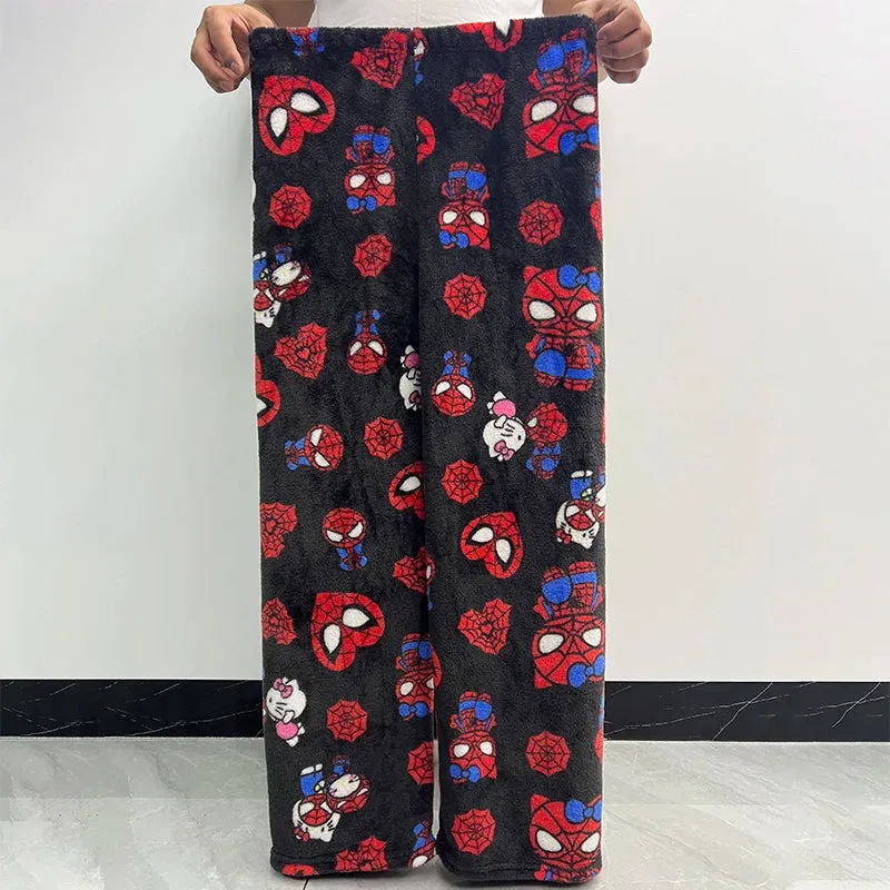 Hello Kitty Spider-man Cotton Velvet Loose Pajamas Pajamas Long Pants Women's And Men's Cartoon Sleeping Casual Wear