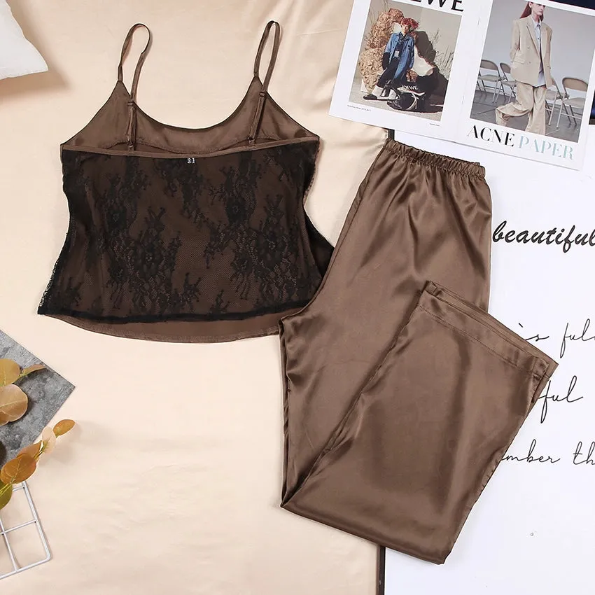 HiLoc Backless Satin Sexy Pajamas Black Lace Pajamas With Pa