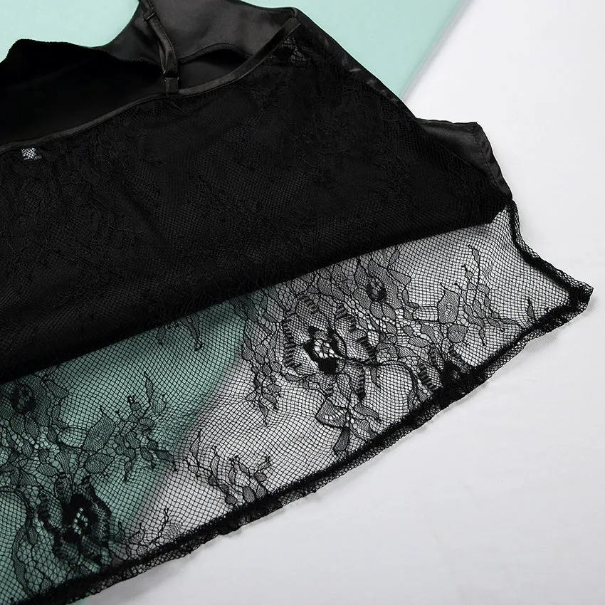 HiLoc Backless Satin Sexy Pajamas Black Lace Pajamas With Pa