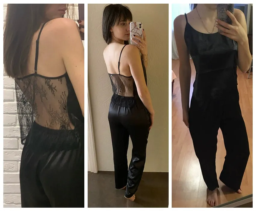 HiLoc Backless Satin Sexy Pajamas Black Lace Pajamas With Pa