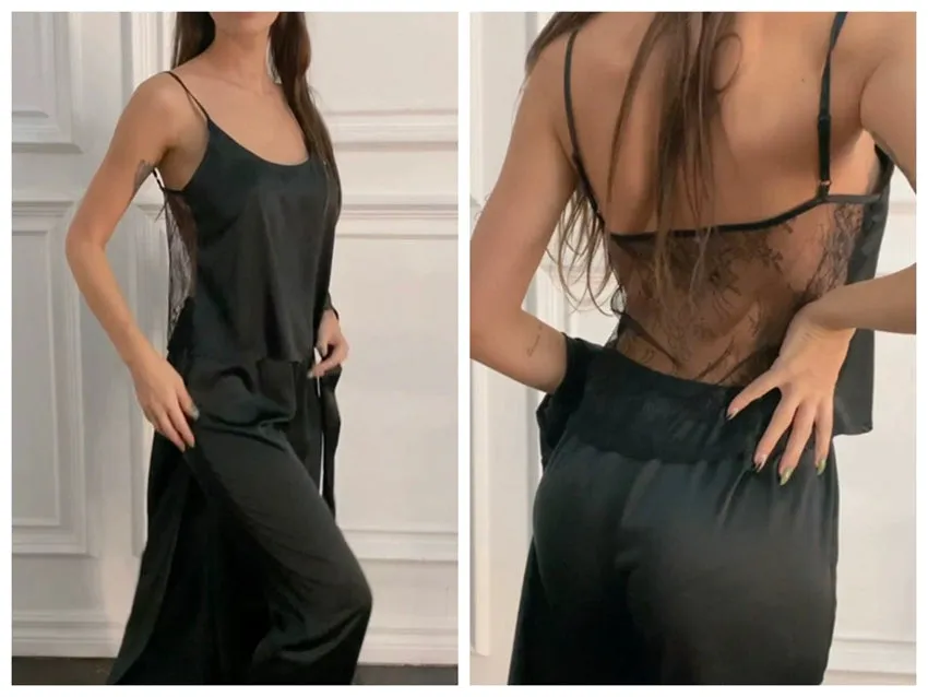 HiLoc Backless Satin Sexy Pajamas Black Lace Pajamas With Pa