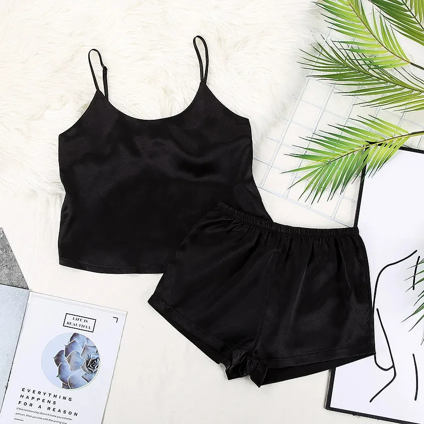 HiLoc Backless Satin Sexy Pajamas Black Lace Pajamas With Pa