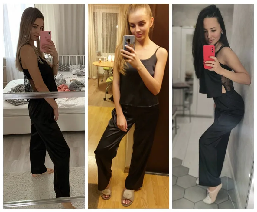 HiLoc Backless Satin Sexy Pajamas Black Lace Pajamas With Pa