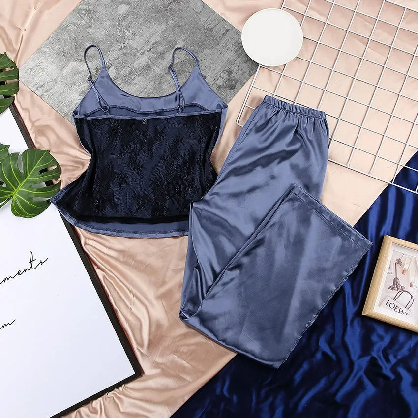 HiLoc Backless Satin Sexy Pajamas Black Lace Pajamas With Pa