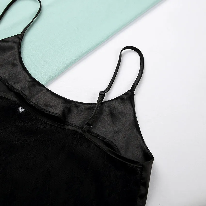 HiLoc Backless Satin Sexy Pajamas Black Lace Pajamas With Pa