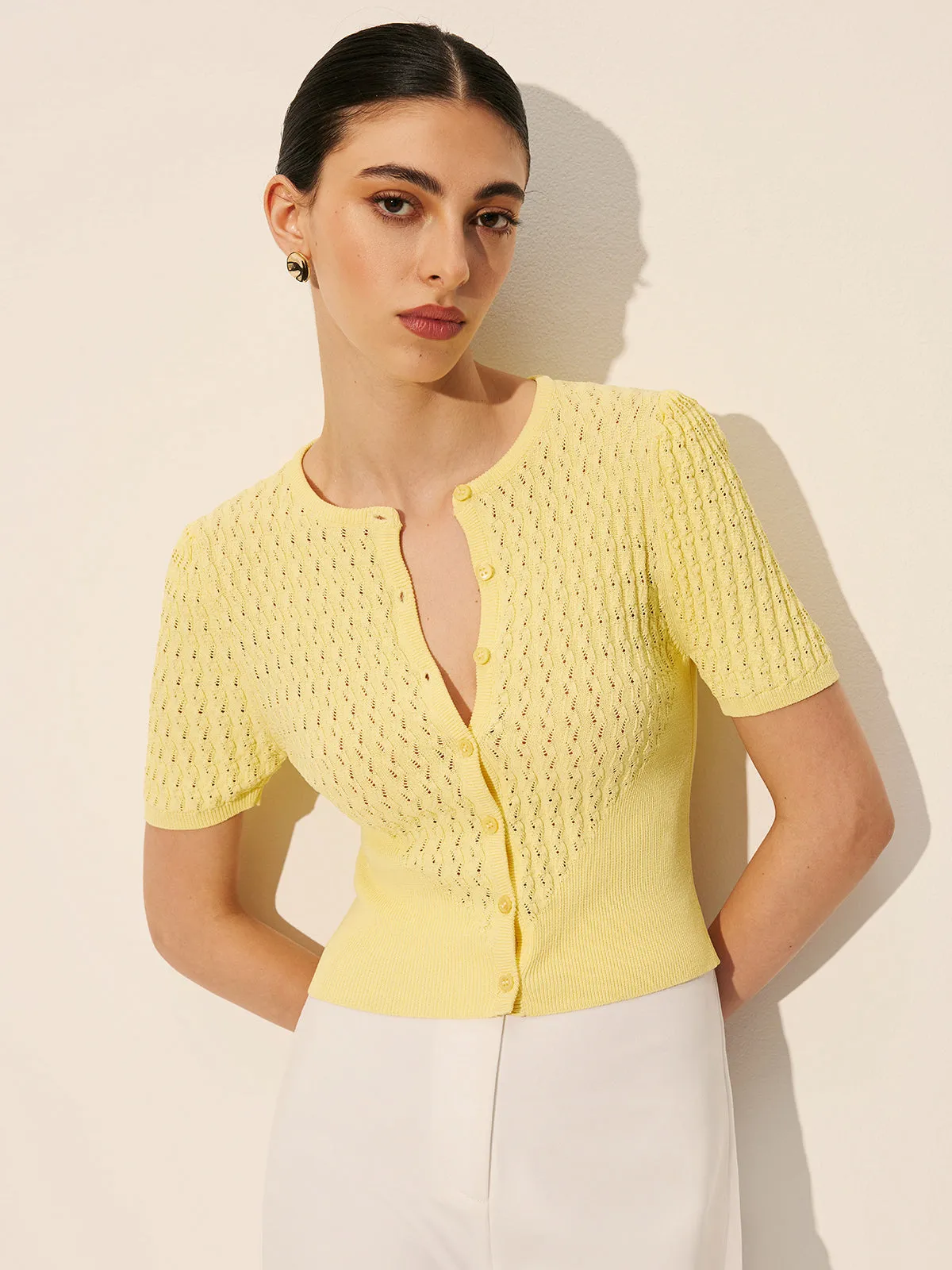 Hollow Knit Buttoned Top