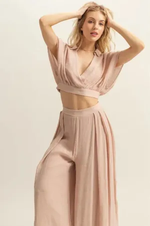 HYFVE Tan Kimono Sleeve Crop Top and Wide Leg Pants Set