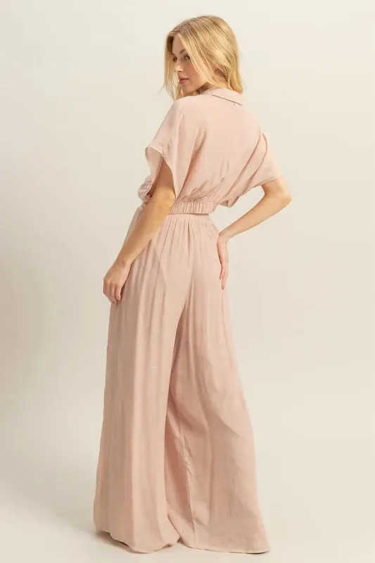 HYFVE Tan Kimono Sleeve Crop Top and Wide Leg Pants Set