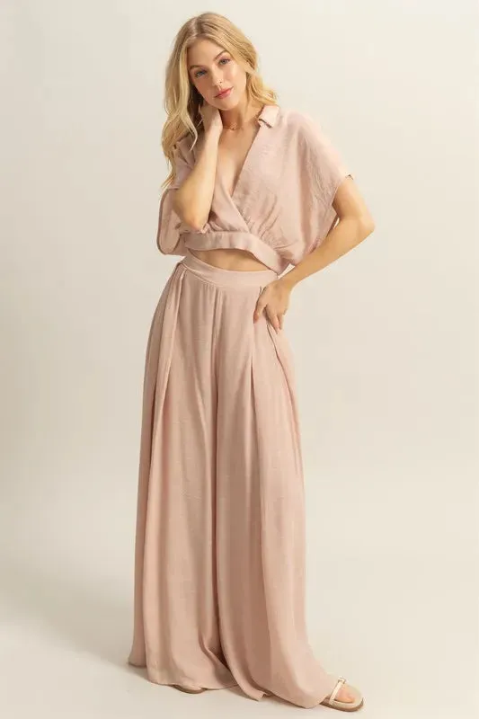 HYFVE Tan Kimono Sleeve Crop Top and Wide Leg Pants Set
