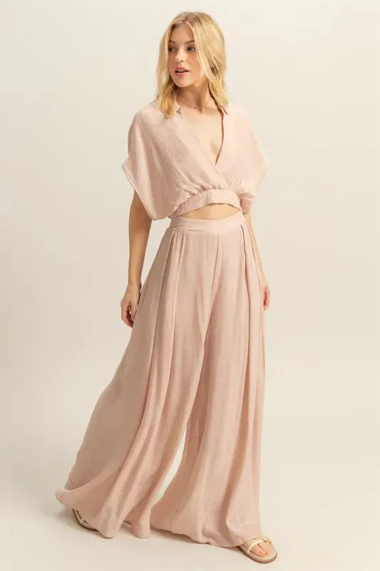 HYFVE Tan Kimono Sleeve Crop Top and Wide Leg Pants Set