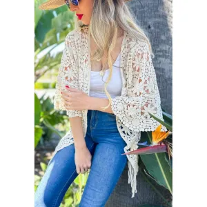 Ivory Floral Crochet 3/4 Sleeve With Tassel Kimono