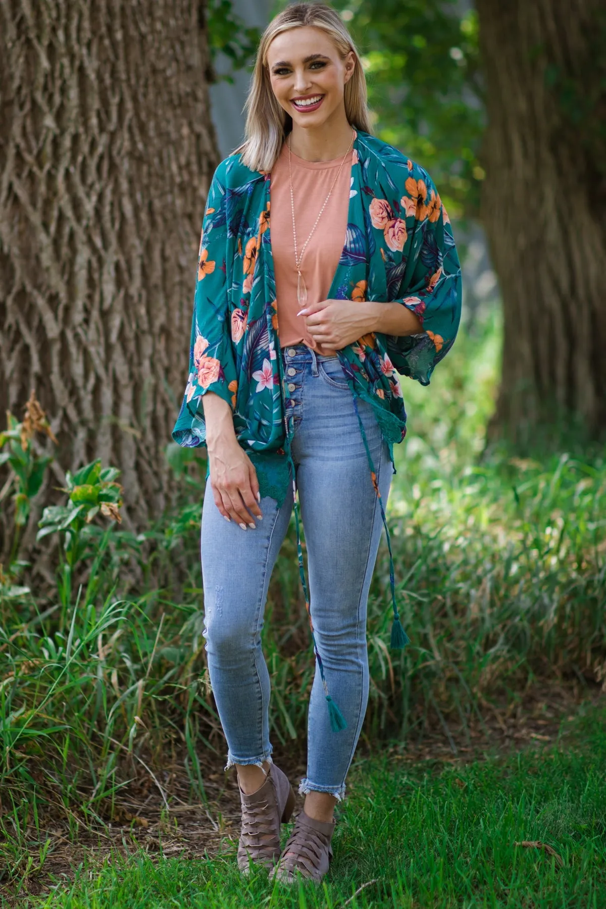 Jade Multicolor Floral Print Kimono
