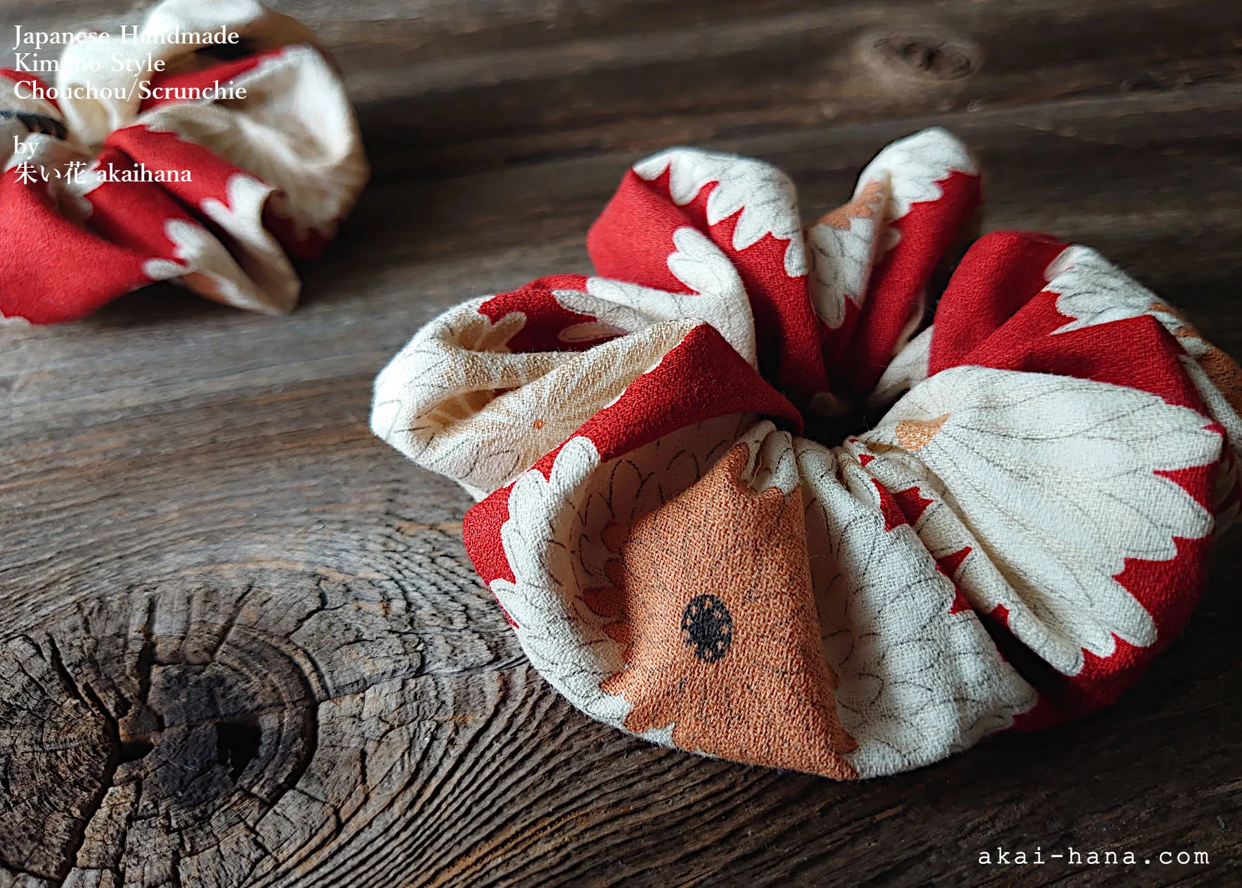 Japanese Handmade Kimono style Scrunchies, Chrysanthemum Red, scjf0008