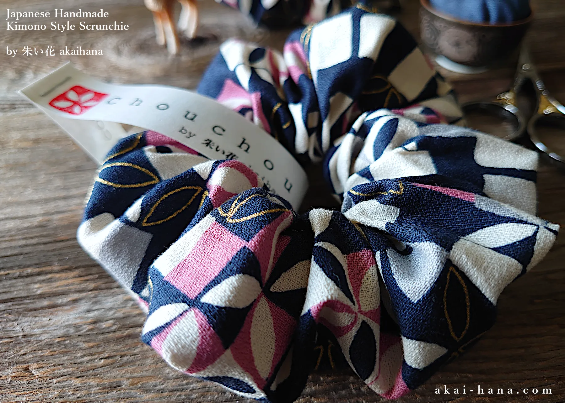 Japanese Handmade Kimono style Scrunchies, Henkei Ichimatsu Monyou Navy, scjf0028